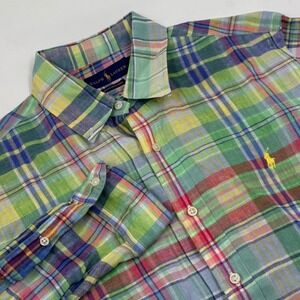Ralph Lauren Men's L Ocean Wash Linen Plaid Long Sleeve Green Multi Shirt